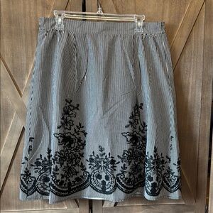 Striped Black and White Skirt with Embroidered Floral Pattern Large
